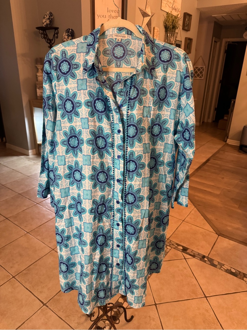 Moda Posa XL Blue Aqua Floral Button Front Tunic Shirt Dress Beaded Boho